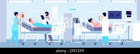 Intensive therapy clinic. Patients hospital care in ward interior. Woman mechanical ventilation apparatus, doctors nurse vector illustration Stock Vector