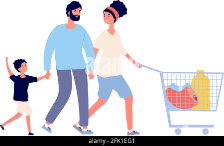 Family food shopping. Man woman boy with cart. Flat grocery store customers, isolated people with fresh products vector illustration Stock Vector