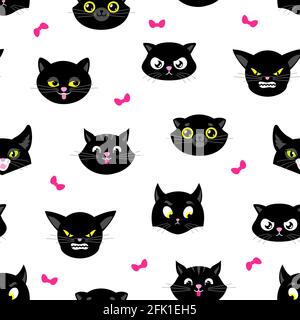Cat pattern. Halloween cats seamless texture. Flat black kitten heads with yellow eyes. Cute kitty fabric print, cartoon animal pets faces vector Stock Vector