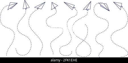 Paper airplane. Graphic flight paths, plane trails. Isolated doodle aviation travel routes. Creative aircraft fly trip vector illustration Stock Vector