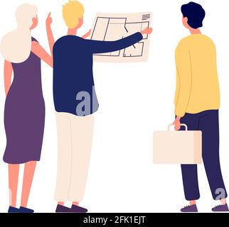 People look apartment plan. Real estate work, home sale manager and family. Flat couple with architect vector illustration Stock Vector