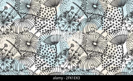 Dandelion pattern. Hand drawn flowers, brush elements background. Forest summer spring season sketch abstract dandelions vector seamless texture Stock Vector