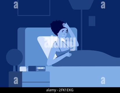 Women insomnia problem. Female difficulty sleep, flat sad sleepy woman in bed. Depressed girl awake, sleepless night vector illustration Stock Vector