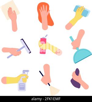 Hand cleaning. Hands watering, holding spray bottle brush sanitary wipes. Isolated housework icons with detergent tools vector illustration Stock Vector