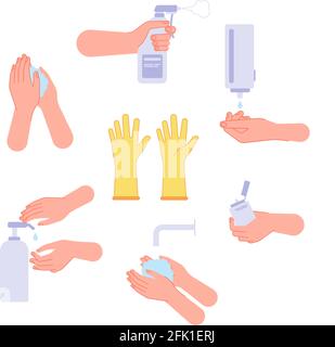 Disinfection. Hand wash steps, drying hands and hygiene. Sanitation spray washing soap gel and sanitize bottle. Virus protection vector set Stock Vector