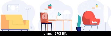 Minimalist interiors. Room design, scandinavian flat style decorations. Furniture for living and dining room, cabinet vector illustration Stock Vector