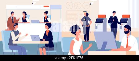 Clients in bank office. Modern finance service department, face id identification. Customers and banking credit managers vector illustration Stock Vector
