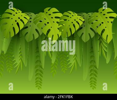 Hot Summer Tropical Leaves. Paper cut style. Monstera and palm leaf. Tropic border. Vector illustration Stock Vector