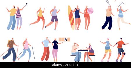 Elderly people activities. Seniors sport, healthy active couple. Grandparents lifestyle, old male female run and travel vector illustration Stock Vector