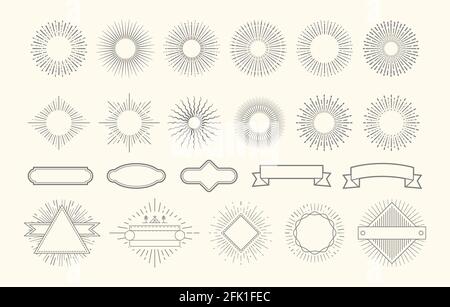 Retro starburst set. Vintage sunburst graphic elements. Sunrise circle line decorations. Badges with rays, decorative label frames vector set Stock Vector