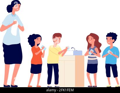 Children washing hands. School kids clean dirty hand in sink. Virus or germs protecting, woman girls and boys hygiene vector illustration Stock Vector