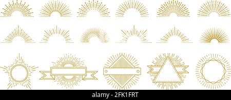 Vintage gold sunburst. Circle lines decorations, sunrise graphic elements. Hipster sunburst icons. Isolated retro badges with radiant star rays vector Stock Vector