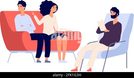 Family psychotherapy session. Psychotherapist talking with partners. Flat woman angry at man. People on sofa and psychologist vector illustration Stock Vector