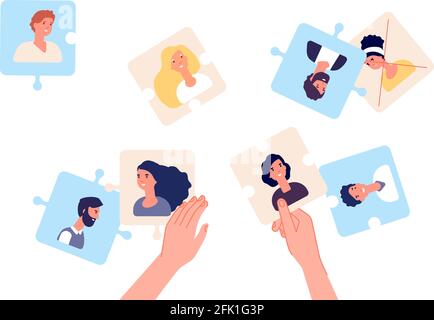 Puzzle with employee. Leader making team, HR manager or recruitment metaphor. Hands working top view. Business plan, professionals find job. We are Stock Vector