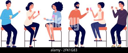 People sitting on bar stools. Friends meeting, man woman drinking cocktails wine. Isolated boy girl in bar or cafe, evening or birthday party vector Stock Vector