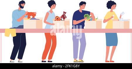 Donation boxes. Donate clothes toys food, charity or humanitarian aid. People volunteers collecting parcels for helping vector illustration Stock Vector