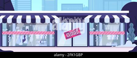 Store closed. Financial crisis, pandemic bankruptcy or troubles in business. Fashion store building on street, modern city landscape vector Stock Vector
