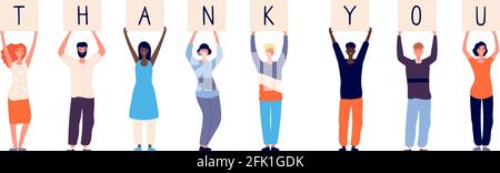People holding thank you. Woman man standing with plates letters. Isolated international crowd thanks doctors paramedics police and other vector Stock Vector