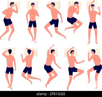 Man sleeping. Sleep position, young person on bed in different poses top view. Flat boy night time in comfort postures vector illustration Stock Vector