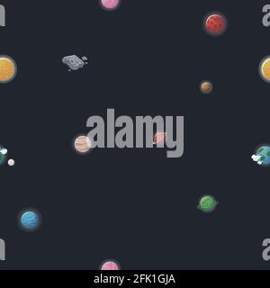 Astronaut with rocket and alien in the open space Cosmic fabric for kids. Cute design for kids fabric and wrapping paper. Flat cartoon style funny cos Stock Vector
