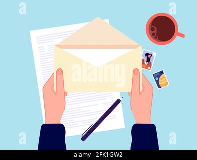 Hand holding envelope. Mail message, correspondence paper letter. Preparation messaging or postal notification, postcrossing vector concept Stock Vector