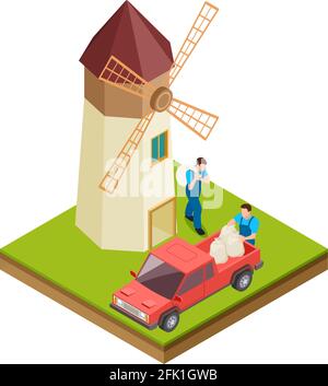 Isometric mill. Farmers, workers with bags of flour. Men in agricultural uniform with red farm truck vector illustration Stock Vector
