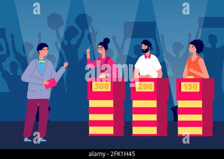 Quiz show. Trivia game, show man and tv gaming participant. Flat competition program winner, question television puzzle vector illustration Stock Vector