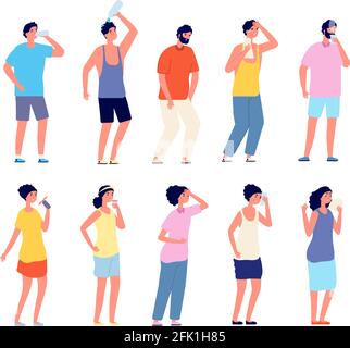 People cooling hot summer. Sweaty adult, woman man with cool beverages. Isolated person relaxation and drinking, outdoor activity vector set Stock Vector