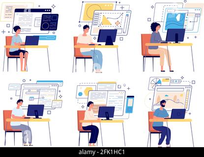Programmers and developers. Computer game designer, web graphics or content managers. Isolated professional software develop team vector set Stock Vector