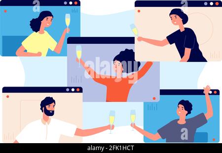 Online party. Friends celebrate birthday, meeting in isolation or quarantine. Video technology, people group drinks on screen vector concept Stock Vector