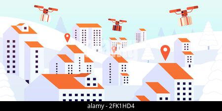 Drone delivery concept. Cartoon Quadcopter with cargo. Future ...