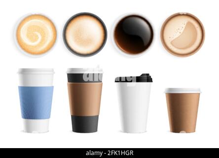 Top view coffee cup. Isolated hot breakfast beverages, latte espresso cappuccino. Realistic eco mug front view, milk foam drinks vector set Stock Vector