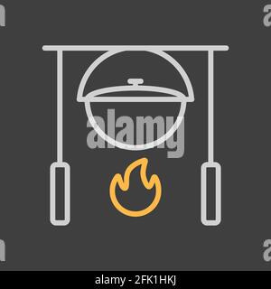 Camping pot over a bonfire vector icon on dark background. Hiking sign. Graph symbol for travel and tourism web site and apps design, logo, app, UI Stock Vector