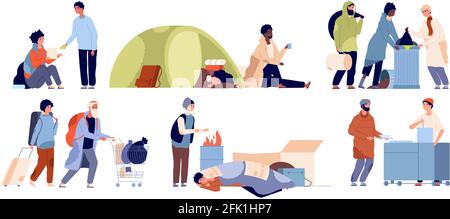 Refugee problems. Homeless mother, starvation poor people. Isolated poverty guy vagabonds, social inequality and charity vector illustration Stock Vector