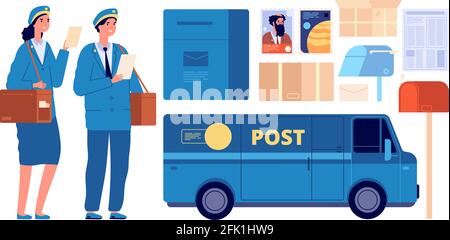 Postman characters. Postal mailman, woman man in uniform send envelopes. Post office equipment parcel letter, delivery service vector set Stock Vector