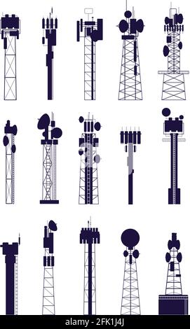 Antenna tower silhouettes. Isolated communications equipment, media radio telecommunications constructions. Network technology vector set Stock Vector