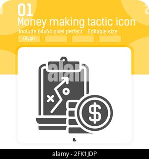 Money making tactic icon with glyph style isolated on white background. Vector illustration business strategic planning, presentation flat style Stock Vector