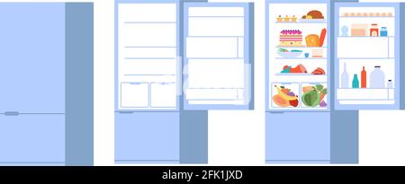 Food open fridge. Closed opened refrigerator, flat full and empty foods storage with doors. Isolated kitchen freezer vector illustration Stock Vector