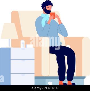Sick man character. Cold disease, ill person in chair with fever sneeze. Adult flu infection, influenza or virus patient vector illustration Stock Vector