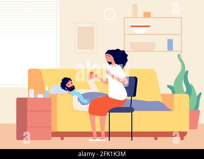 Cold disease. Man illness home, sick person on sofa with cough and fever. Girl and flu boy, woman treats boyfriend vector illustration Stock Vector