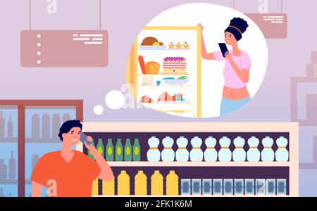 Call from store. Man talking phone from grocery with woman near fridge. Young husband buy foods home and calling to wife vector illustration Stock Vector