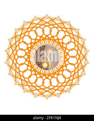 Spiritual background for meditation with yin yang symbol and mandala isolated in color background Stock Photo