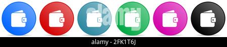Purse, wallet vector icons, set of circle gradient buttons in 6 colors options for webdesign and mobile applications Stock Vector
