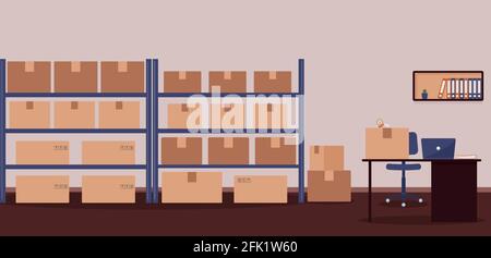 Warehouse: racks with boxes and workplace of warehouse manager, storekeeper or warehouse worker.Tape dispenser on desk with laptop, shelf with folders Stock Vector