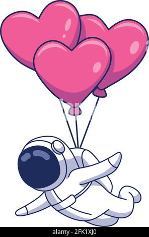 Cute Astronaut flying with the help of heart balloons cartoon illustration Stock Vector