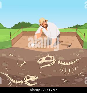 Archaeology character. Man discovery underground geology digging dinosaur bones in soil layers history landscape vector background Stock Vector