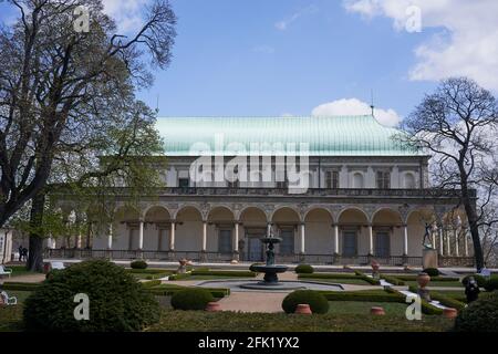 Prague, Czech Republic - April 23, 2021 - A beautiful Renaissance building in the Royal Gardens of the Prague Castle - The Queen Anne’s Summer Palace Stock Photo