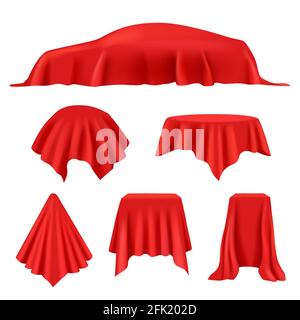 Red silk covered. Revealer cloth realistic exhibition curtains royal cover studio display vector collection Stock Vector