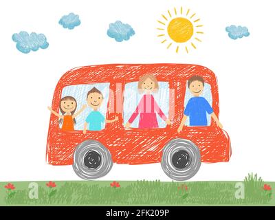 Family in car. Father mother parents kids going to vacation in car on road happy family transport vector doodle picture Stock Vector