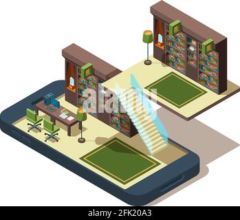 Online library. Books learning students reading magazine at smartphone study e book vector isometric concept Stock Vector